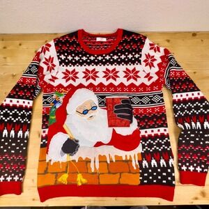 Holiday Time Santa Ugly Christmas Sweater L Red Cup Chimney Funny Xmas